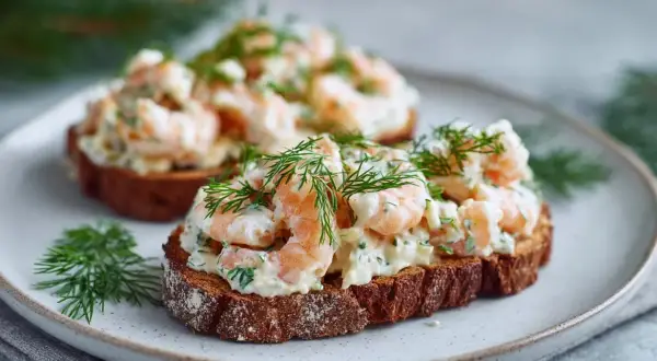 Två toast Skagen på mörkt bröd, toppade med räkor, majonnäs och dill. En klassisk svensk delikatess.