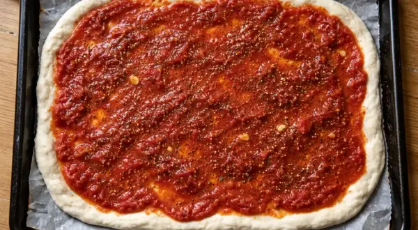 En pizzabotten täckt med en smakrik tomatsås, perfekt för ditt tomatsås recept. Kryddor och vitlök syns i såsen.