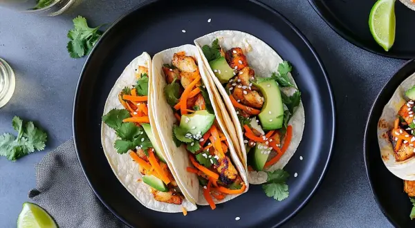 Tre läckra asiatiska tacos med kyckling, avokado, strimlad morot och koriander på en svart tallrik.