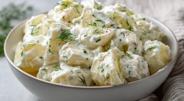 En skål med krämig potatissallad, toppad med dill och peppar. Den här ser ut att vara den godaste potatissalladen någonsin!