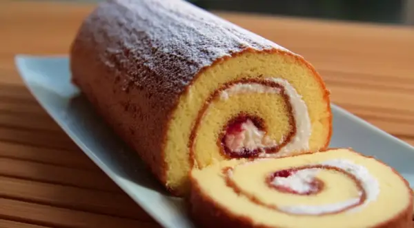 En saftig glutenfri rulltårta med vispgrädde och sylt, pudrad med florsocker.