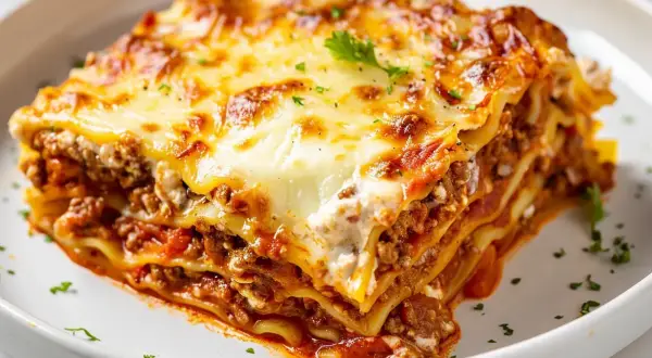 En saftig bit lasagne med lager av köttfärssås och krämig ostsås, toppad med gyllene ost.