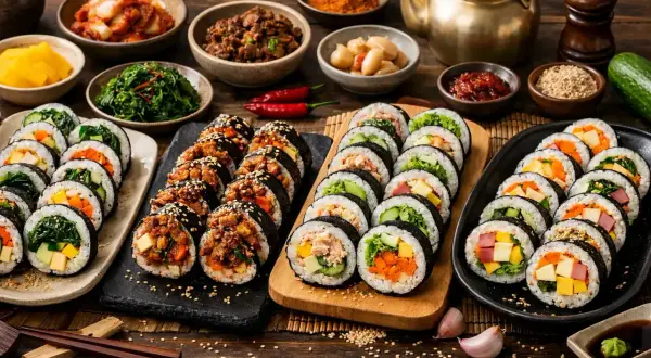 En generös uppsättning vegetarisk sushi med olika fyllningar, serverad med kimchi och andra tillbehör.