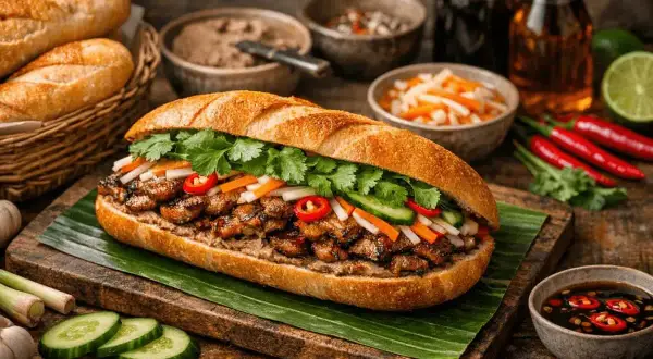 En saftig banh mi med grillat kött, färska grönsaker och koriander på en bananlöv. Tillbehör som chili, lime och sås syns i bakgrunden.