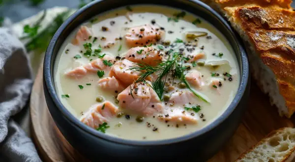 En krämig, sååå god fisksoppa med laxbitar, dill och kapris, serverad med nybakat bröd.