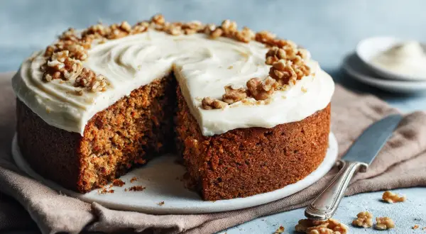En saftig morotskaka med krämig frosting och valnötter. Perfekt för en nyttig fika.