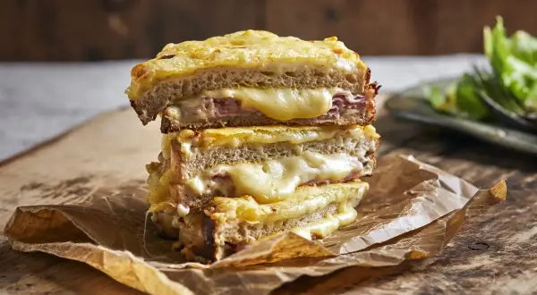 En stapel gyllene, smältande grilled cheese-mackor med skinka, serverade på brunt papper.