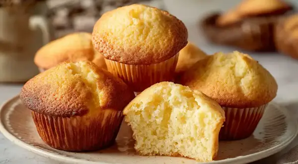 En hög med fluffiga muffins, ett perfekt muffins recept. En är delad och visar en mjuk insida.