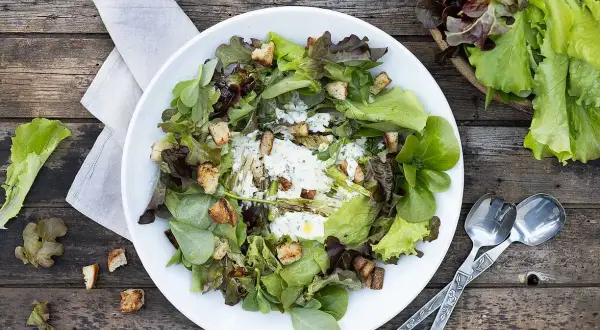 En härlig somrig sallad med blandade gröna blad, krutonger och en krämig dressing. Perfekt för en lätt lunch.
