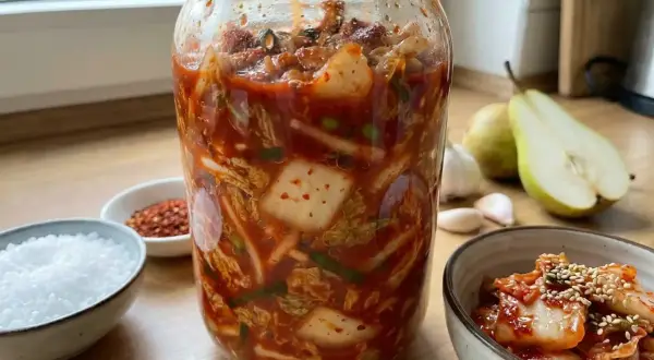 En stor burk med fermenterad kål, perfekt för ditt kimchi recept. Bredvid syns ingredienser som salt, chiliflakes och päron.