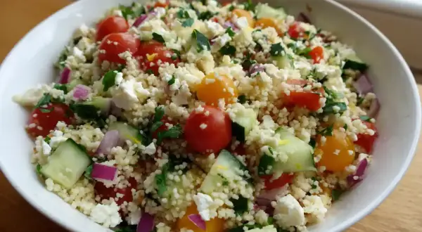 En fräsch couscous sallad med körsbärstomater, gurka, rödlök och fetaost. Perfekt sommarbuffé.