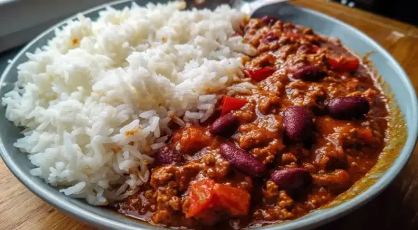 En portion chili con carne med ris, en klassisk och värmande rätt.