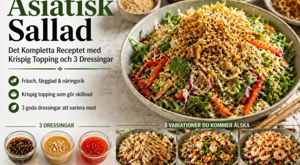 En fräsch, färgglad asiatisk sallad med krispig topping och tre olika dressingar: soja & sesam, jordnöt & lime, samt chili & ingefära.