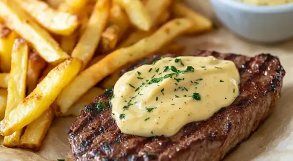 Grillad biff med krispiga pommes frites och en krämig, enkel bearnaisesås.