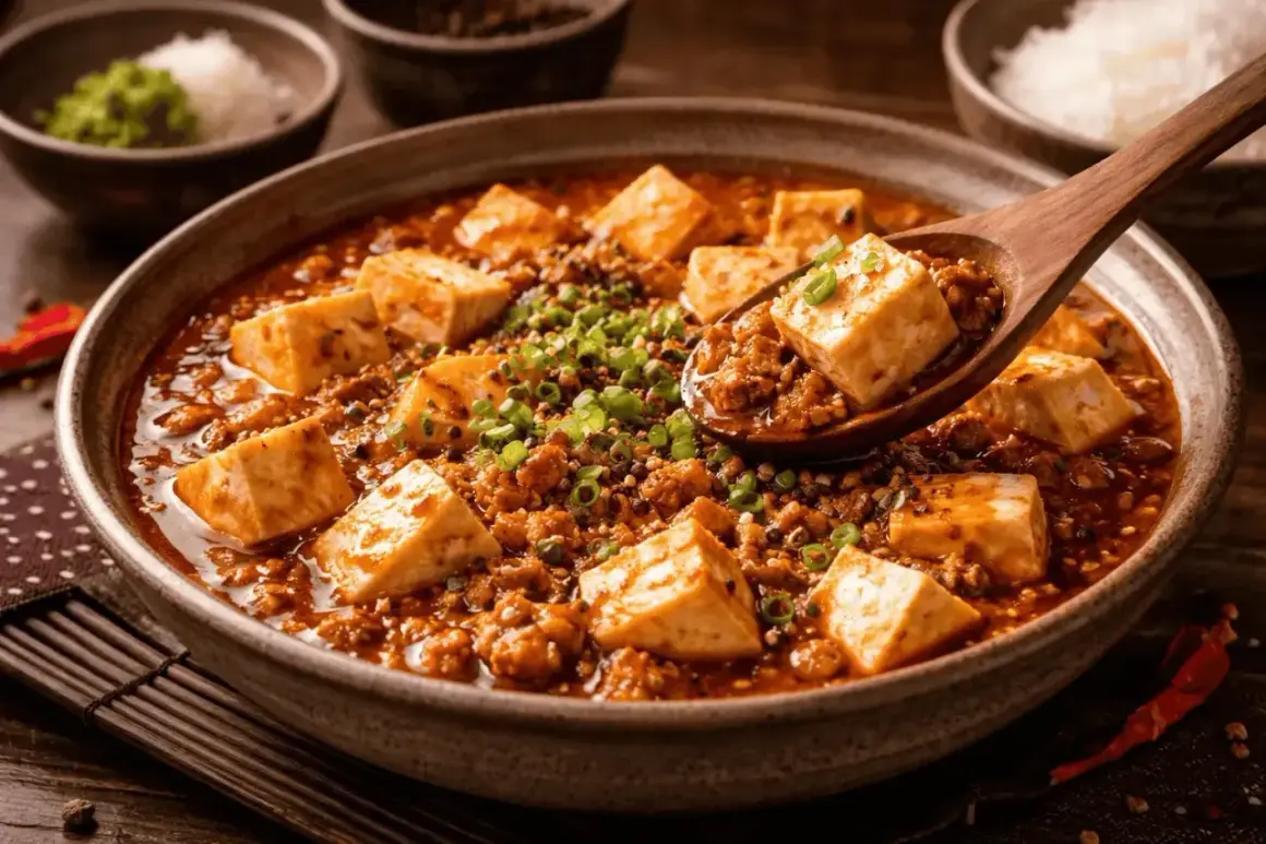 En skål med mapo tofu, en kryddig sichuansk rätt med tofu och köttfärs, garnerad med salladslök. En träsked lyfter upp en bit tofu.