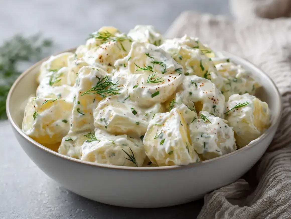 En skål med krämig potatissallad, toppad med dill och peppar. Den här ser ut att vara den godaste potatissalladen någonsin!