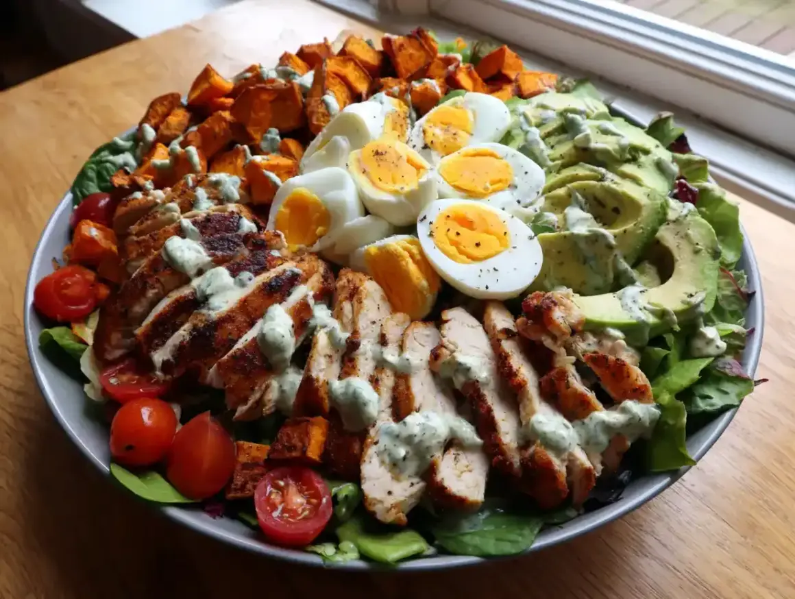 Enkel sallad med grillad kyckling, kokta ägg, sötpotatis, avokado och körsbärstomater, toppad med en krämig dressing.