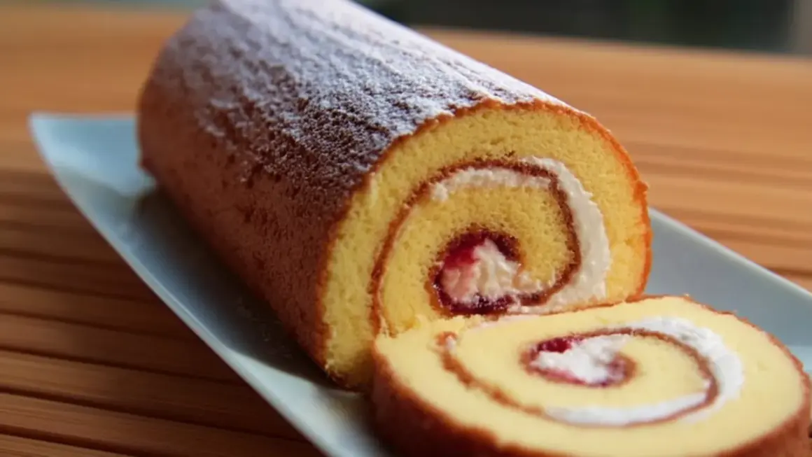 En saftig glutenfri rulltårta med vispgrädde och sylt, pudrad med florsocker.
