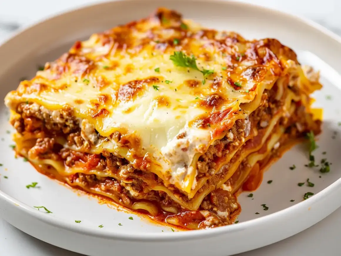 En saftig bit lasagne med lager av köttfärssås och krämig ostsås, toppad med gyllene ost.