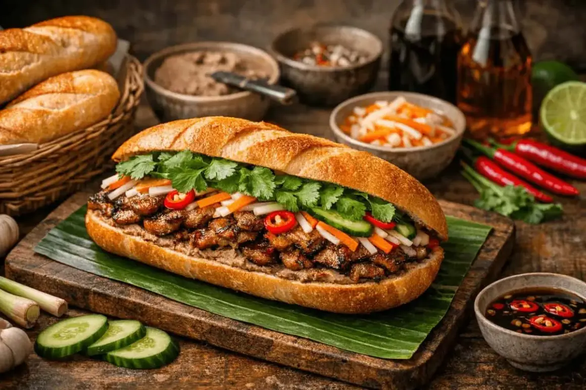 En saftig banh mi med grillat kött, färska grönsaker och koriander på en bananlöv. Tillbehör som chili, lime och sås syns i bakgrunden.