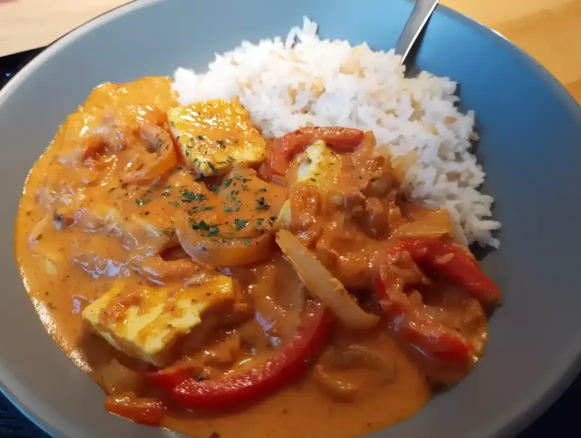 Halloumi stroganoff med ris. Krämig sås med halloumibitar, paprika och lök.
