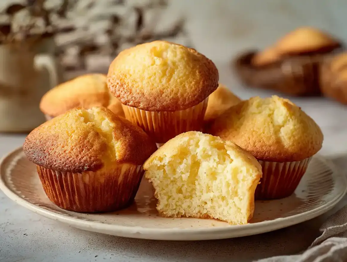En hög med fluffiga muffins, ett perfekt muffins recept. En är delad och visar en mjuk insida.