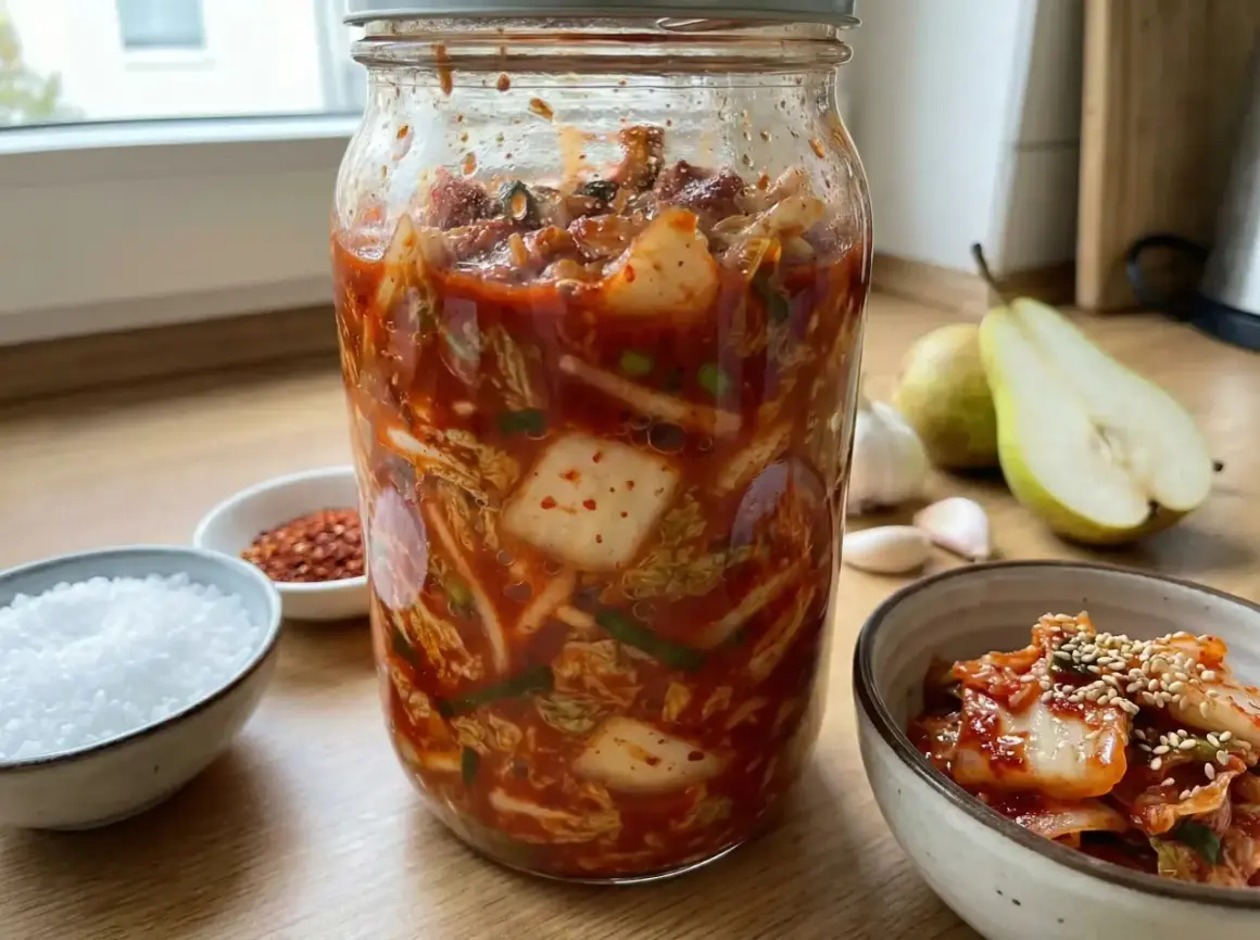 En stor burk med fermenterad kål, perfekt för ditt kimchi recept. Bredvid syns ingredienser som salt, chiliflakes och päron.