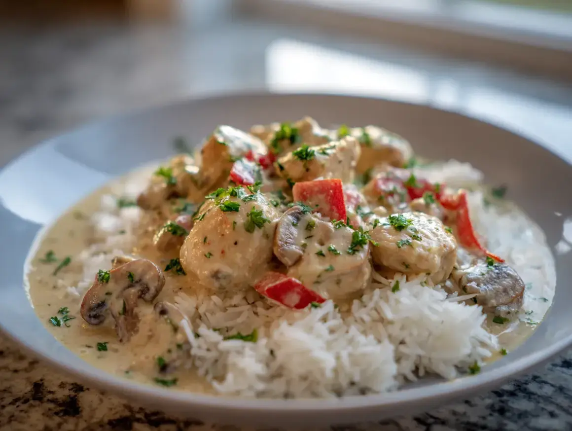 En krämig chicken a la king med ris, toppad med persilja och bitar av röd paprika.