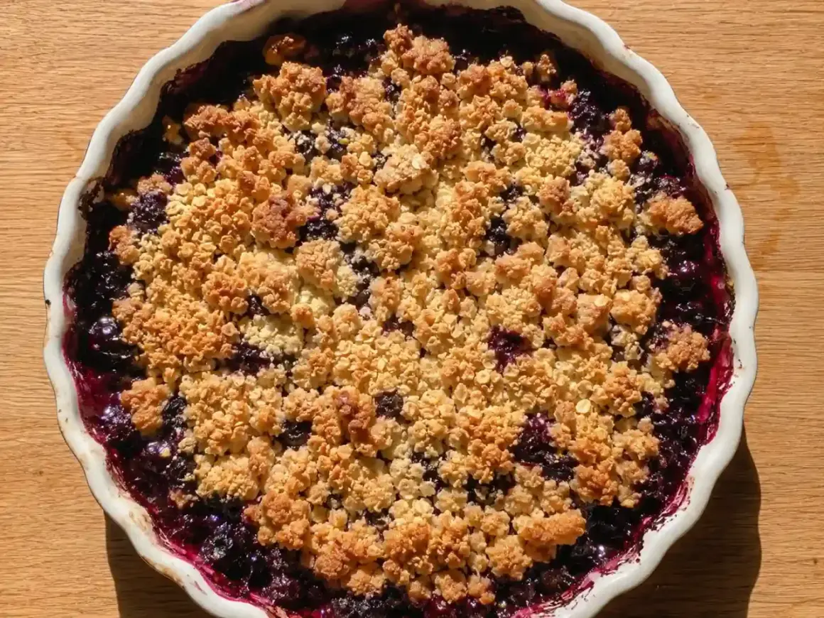 En härlig glutenfri smulpaj med blåbär, bakad i en vit pajform på ett träbord.
