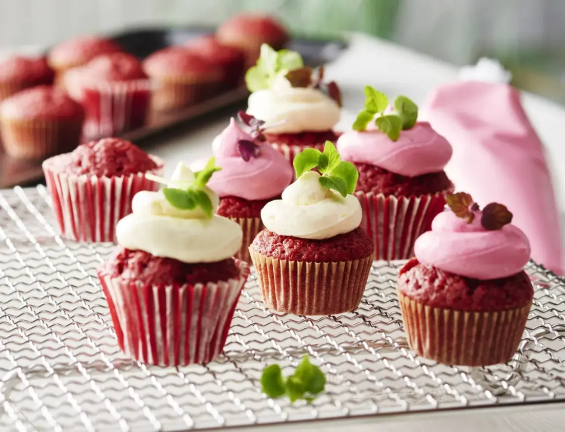 Red velvet cupcakes med fluffig frosting, perfekta för ett cupcakes recept. Garnerade med gröna blad och en rosa sprits.