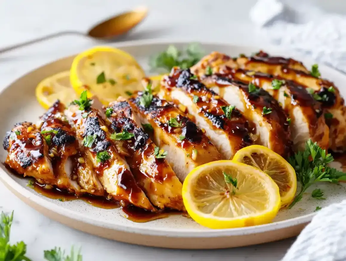 Saftig, glaserad kyckling, skivad och garnerad med citron och persilja. Ett perfekt kyckling recept för middagen.