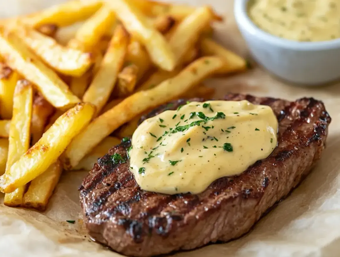 Grillad biff med krispiga pommes frites och en krämig, enkel bearnaisesås.