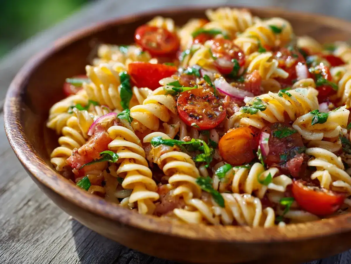 En h&auml;rlig pastasallad med k&ouml;rsb&auml;rstomater, r&ouml;dl&ouml;k och &ouml;rter i en tr&auml;sk&aring;l, perfekt f&ouml;r en sommarfest.