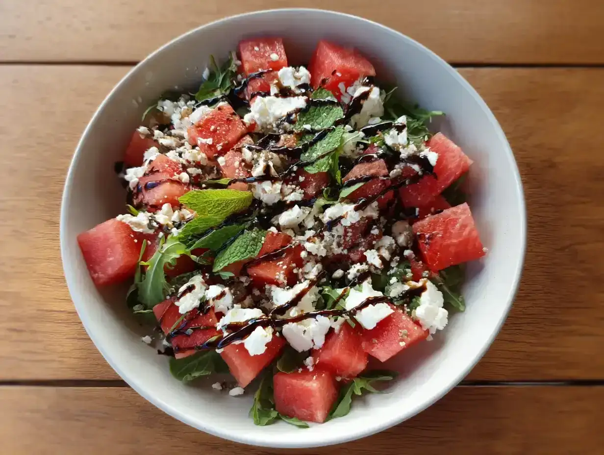 En uppfriskande vattenmelon sallad med fetaost, mynta och balsamvinäger. Perfekt sommarbuffé.