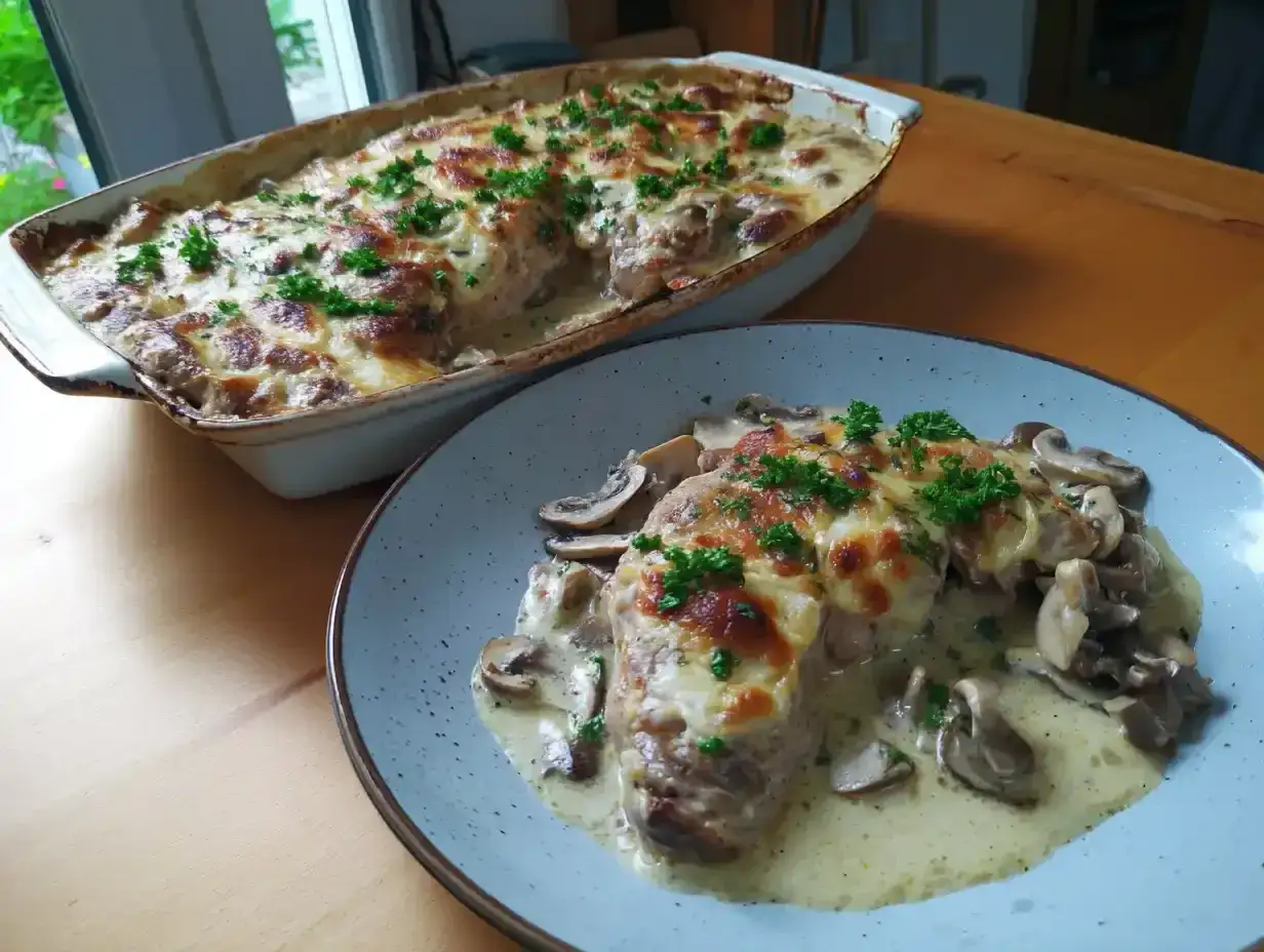 En kr&auml;mig grekisk pyttipanna med svamp och gratinerad ost, toppad med persilja. Serveras i en ugnsform och p&aring; en tallrik.