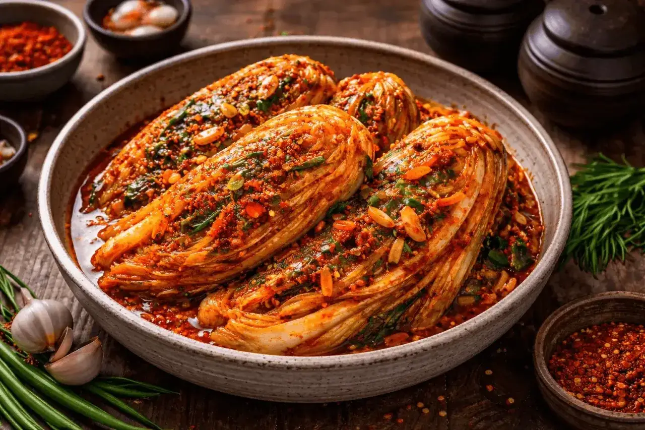 En skål med färdiggjord kimchi, redo att jäsa. Detta kimchi recept ser utsökt ut med vitlök och chili.