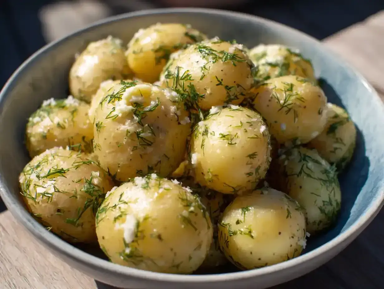 En skål med varm potatissallad, toppad med färsk dill och en krämig dressing. Perfekt till midsommar!