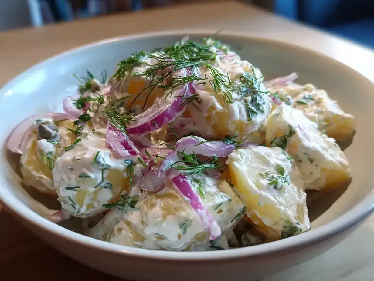 En krämig, kall potatissallad med dill, rödlök och kapris. Perfekt till sommarens grillkvällar.