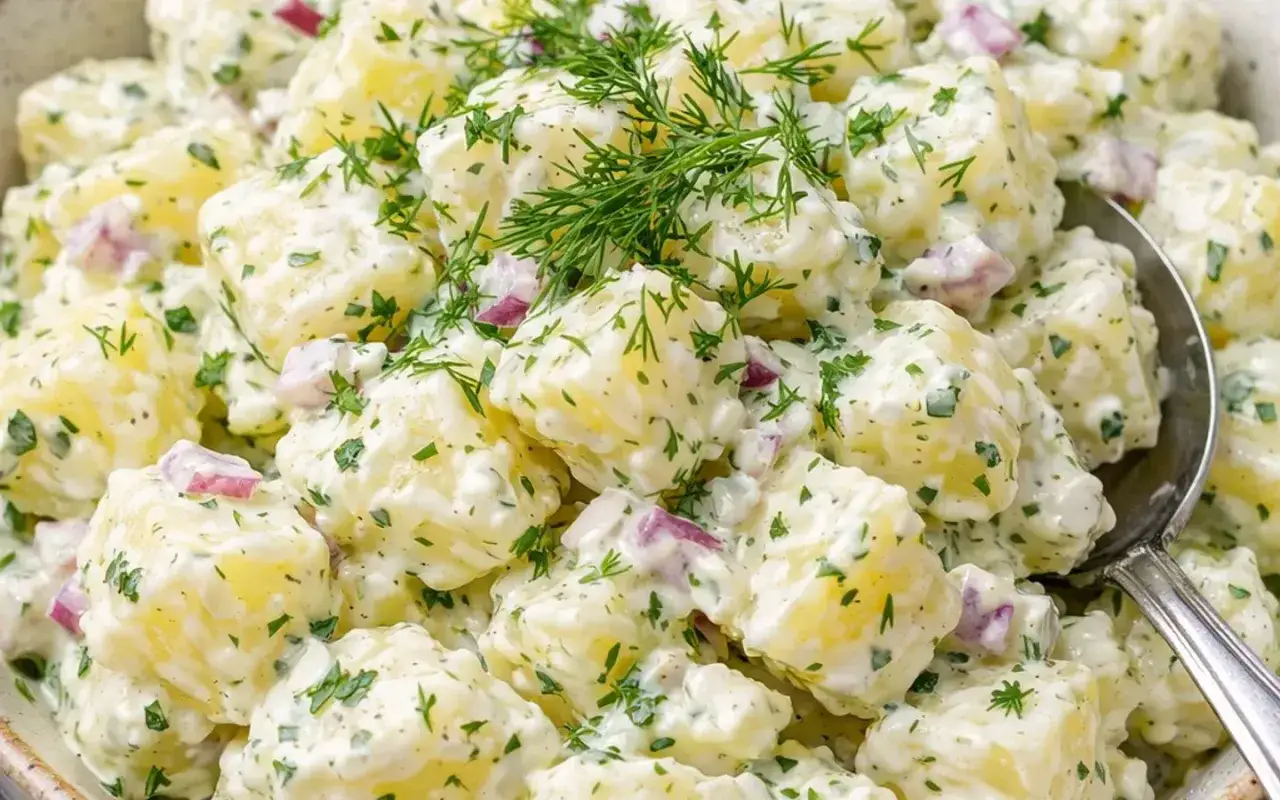Krämig potatissallad med dill och rödlök, perfekt som tillbehör till grillat. Ett enkelt potatissallad recept för alla tillfällen.