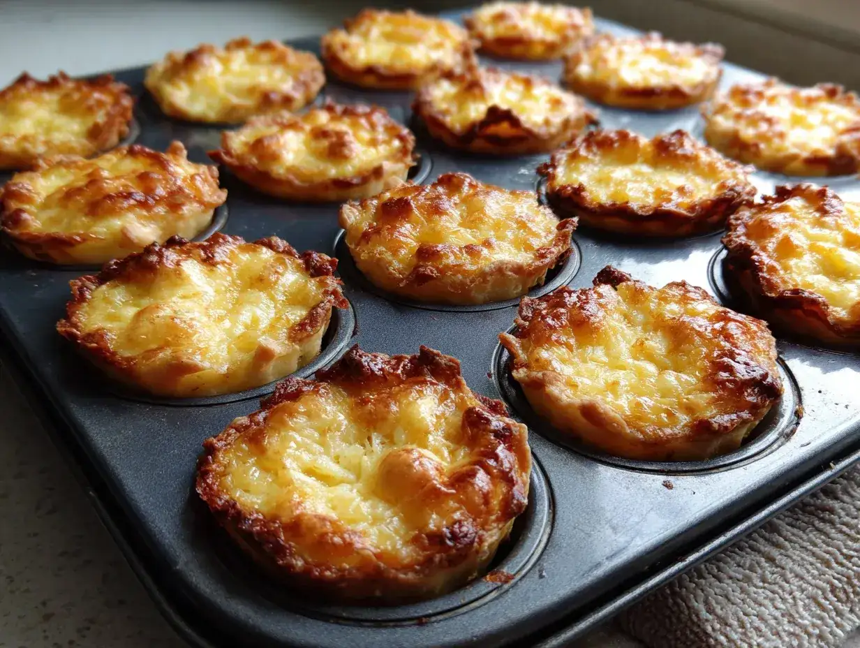 Små pajer med gyllene osttäcke i en muffinsplåt. Perfekta för fika eller som tillbehör.