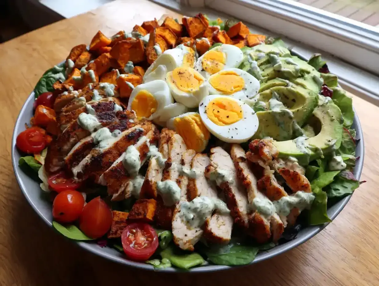 En stor, matig sallad med grillad kyckling, ägg, sötpotatis, avokado och tomater, toppad med en krämig dressing.