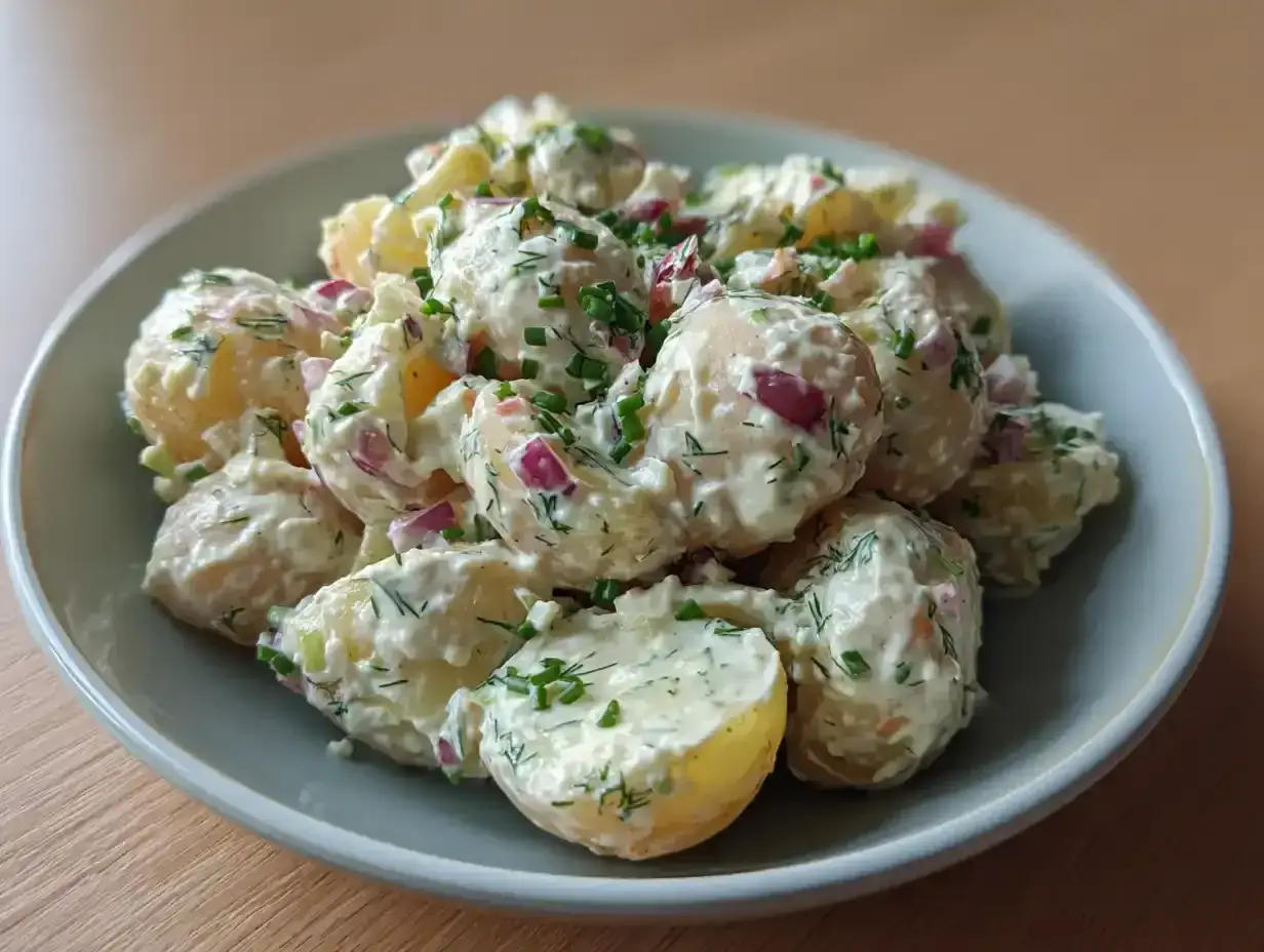En krämig potatissallad med dill och rödlök, kanske den godaste potatissalladen någonsin! Serveras i en ljusblå skål.