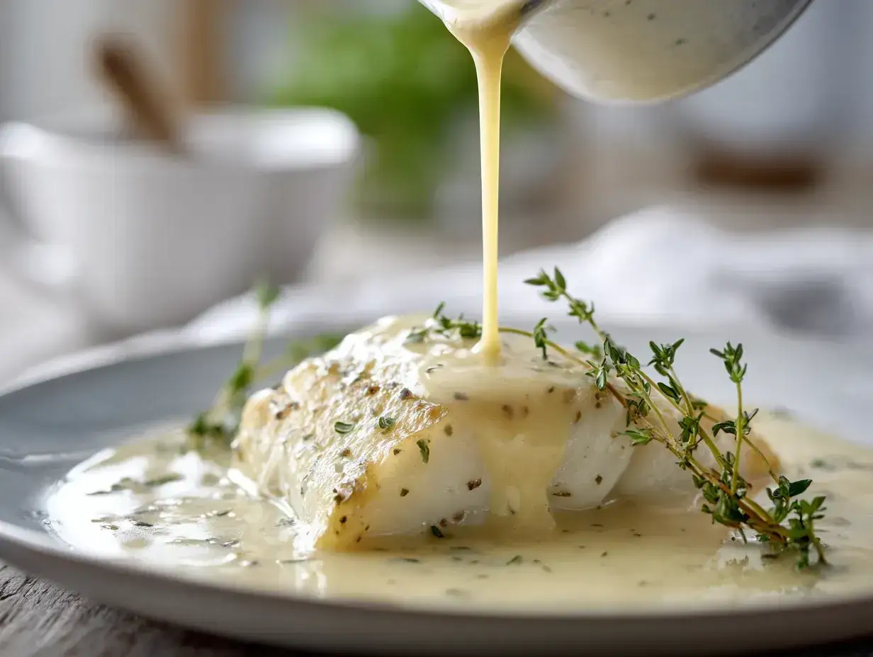 En krämig sås till fisk hälls över en perfekt tillagad fiskfilé, garnerad med färsk timjan.