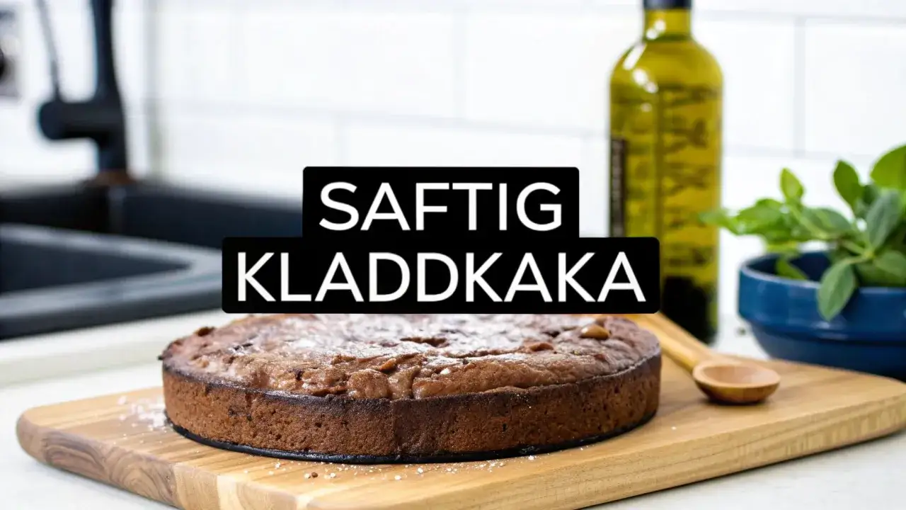 Saftig kladdkaka med olja, redo att avnjutas. En härlig chokladkaka på ett träfat, med en olivoljeflaska och gröna blad i bakgrunden.