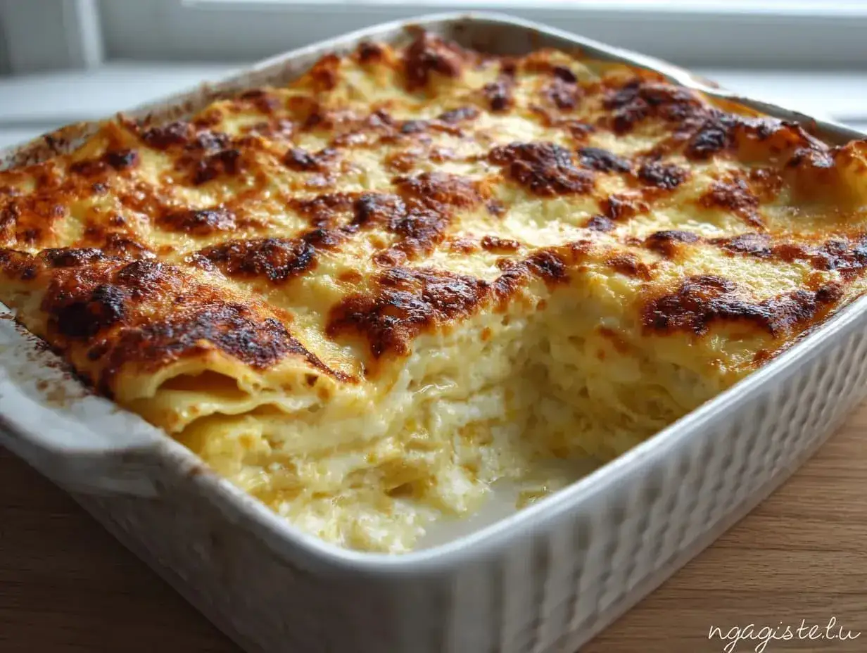 En gyllene, bubblande ostsås lasagne i en vit ugnsform. Perfekt för en mysig middag.