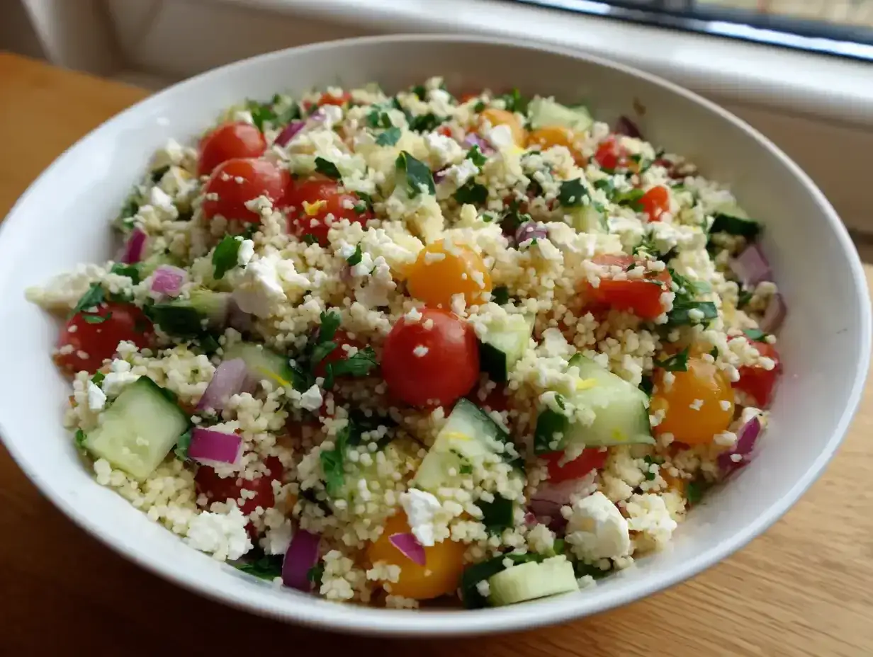 En härlig couscous sallad med körsbärstomater, gurka, rödlök och fetaost. Perfekt sommarbuffé!