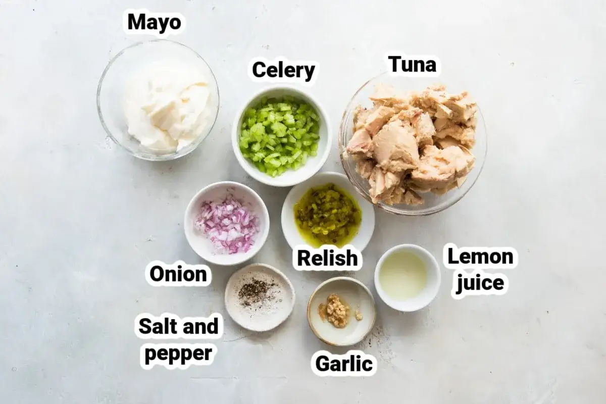 Ingredienser för dressing till tonfisksallad: majonnäs, hackad selleri, tonfisk, lök, relish, vitlök, citronjuice, salt och peppar.