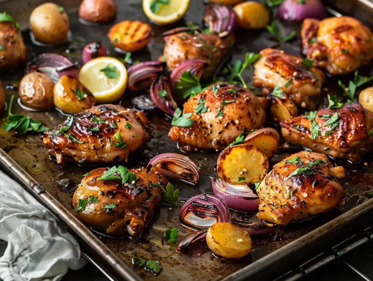 Ugnsbakad kyckling med potatis och rödlök, ett perfekt kyckling recept för en enkel middag.