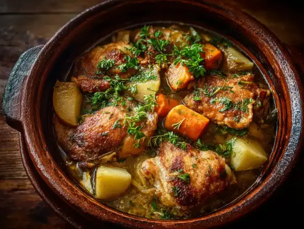 En mustig kyckling i lergryta med potatis och morötter, toppad med färska örter. En härlig doft sprider sig från den varma grytan.
