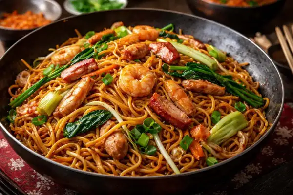 En stor portion chow mein med räkor, fläsk och grönsaker i en wok.